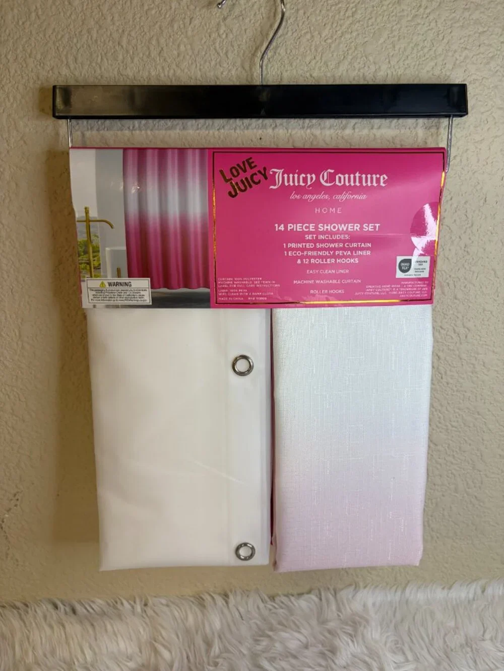 Juicy Couture Hot Pink Ombre Shower Curtain Set Liner Hooks 14 Pc NWT